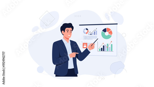 Man presenting financial report with charts and graphs on whiteboard