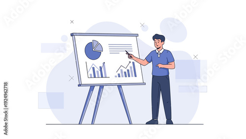 Man presenting financial report with charts and graphs on a whiteboard