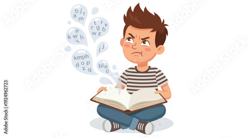 Frustrated Young Boy Reading a Difficult Book with Confusing Thoughts.