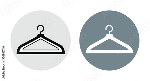 Set of two minimalist clothing hanger icons displayed in contrasting dark and light monochromatic circle designs for visual presentation.
