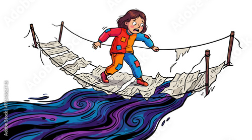 Child Crossing a Precarious Rope Bridge Over Dark Waters.