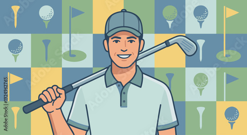 Friendly Golfer Portrait

Flat vector illustration of a friendly golfer smiling confidently, holding a golf club. Simple background with golf icons. Flat vector style ideal for branding.