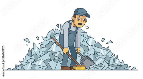 Tired Worker Sweeping Broken Glass Shards After Accident.