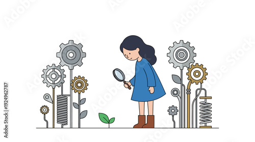 Young Girl Examining Small Plant with Magnifying Glass.