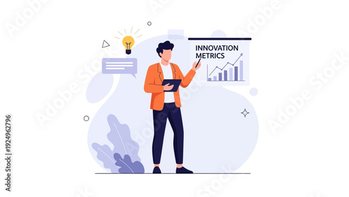 Man presenting innovation metrics chart and graph with lightbulb idea