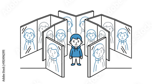 Sad Boy Surrounded by Reflections in Multiple Mirrors.