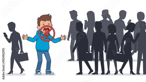 Man with open mouth and tongue out, surrounded by people silhouettes.