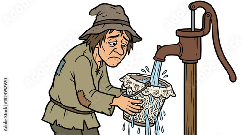 Sad man with hat filling leaky bucket from water pump.