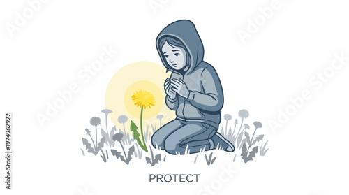 Child Kneeling Protecting Dandelion in Field Illustration.