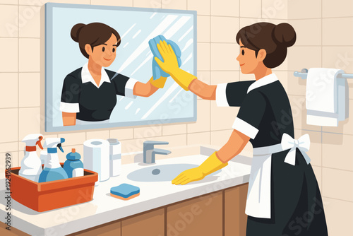 Housekeeper Cleaning Bathroom

Flat vector illustration of a housekeeper cleaning a bathroom sink or mirror. Cleaning supplies and gloves visible. Flat vector style, hygiene and sanitation theme.
