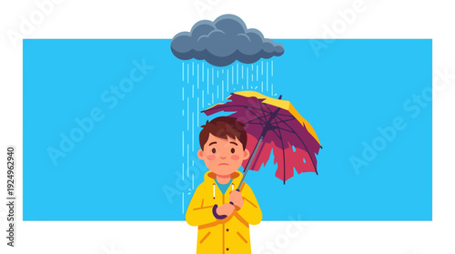 Young Boy Holding Umbrella During Rain Shower.