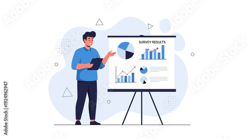 Man presenting survey results with charts and graphs on a whiteboard
