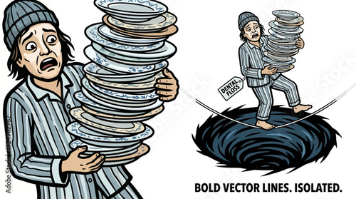 Stressed Man Carrying Stack of Dishes Over a Whirlpool.