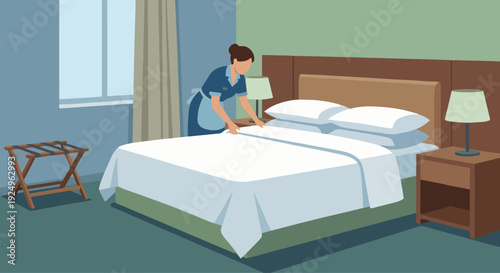 Housekeeper Making Bed

Flat vector illustration of a housekeeper neatly making a bed in a hotel room. Fresh linens, pillows, and tidy interior visible. Clean flat vector style, solid colors, 