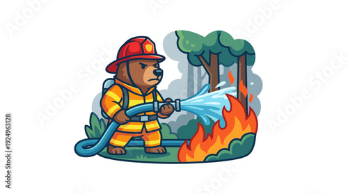 Brave Bear Firefighter Extinguishes Forest Fire with Water Hose.