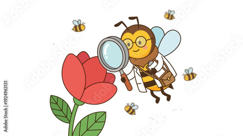 Cartoon Bee Scientist Examining Red Rose with Magnifying Glass.