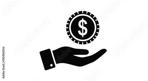 Simple black and white icon depicting a hand receiving a floating dollar coin representing earning money or financial transactions easily.