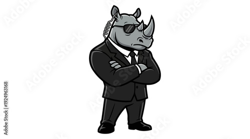 Rhino in Suit and Sunglasses Standing with Arms Crossed.