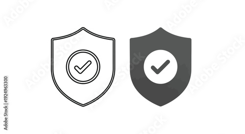 Two distinct digital shield icons, one an outline and the other a solid design, both clearly displaying a checkmark for robust security, protection, and verification concepts.
