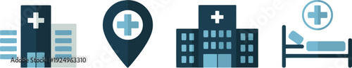 A grouping of four muted blue hospital and medical service icons for healthcare navigation