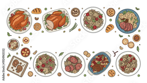 A top-down food frame of a festive dinner table with roasted chicken, pasta dishes, and salads, creating a border with copy space.