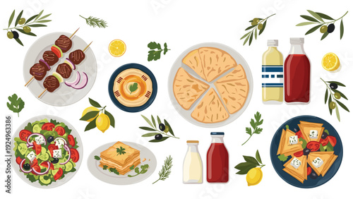 A top-down view of a traditional Greek food spread, including souvlaki, salad, moussaka, and pita bread, in a flat vector style.