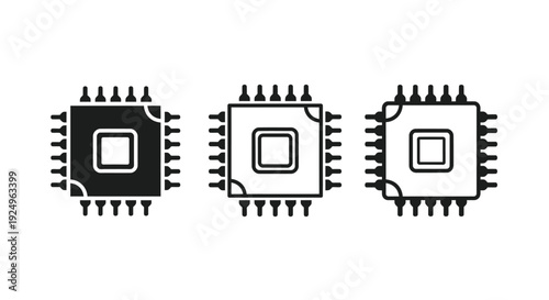 Digital microchip processor icon set for modern computing technology and electronic circuit board design, illustrating data processing units and innovative semiconductor components.