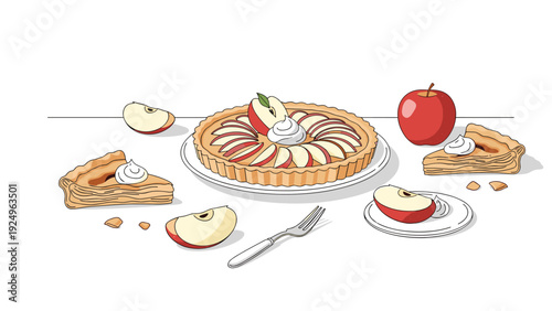 A charming hand-drawn scene featuring a whole apple tart, individual slices on plates, and fresh red apples, perfect for a bakery menu.