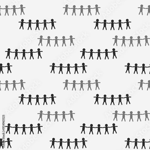 Seamless pattern featuring small human figures holding hands arranged in alternating rows. The simple silhouette style and monochrome palette represent unity, and community.