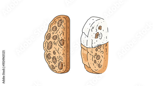 Hand-drawn illustration of two Italian biscotti cookies, with one of them dipped in delicious white chocolate or icing, on a white background.