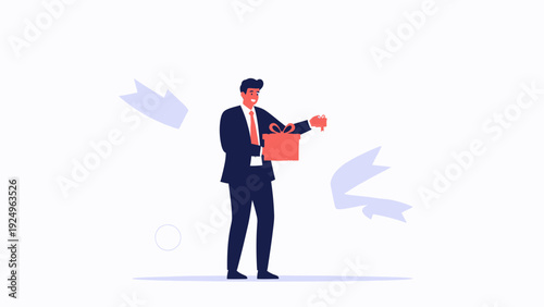 Businessman opening a gift box with surprise inside, isolated on white background