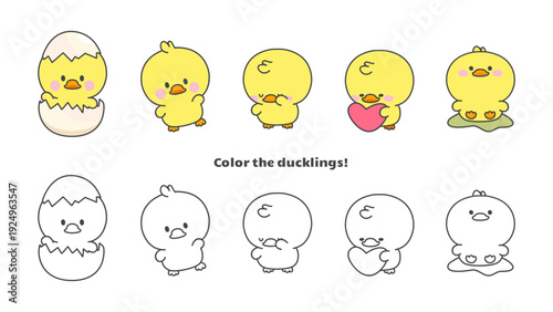 Color page for children with kawaii ducklings and colorful samples. Funny positive yellow duckling various poses. Cute children mascots, vector template