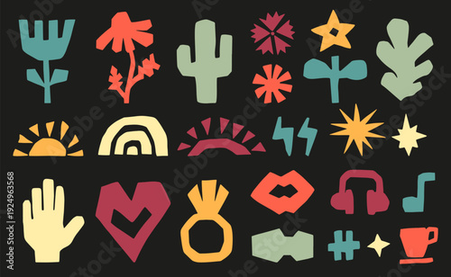 Wallpaper Mural Colorful paper cutting shapes kit. Plants, flowers, leaves. Human hand and lips, music note, headphones and coffee cup. Decorative abstract design vector elements Torontodigital.ca