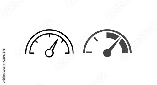 Set of two speedometer icons illustrating performance measurement with different styles for digital interfaces and apps
