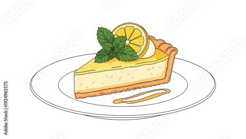 A delicious slice of lemon cheesecake on a plate, garnished with a fresh lemon wedge and mint leaves, in a clean hand-drawn style.