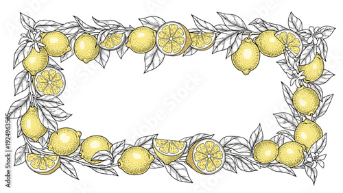 An elegant rectangular frame of hand-drawn lemon branches with yellow fruits and monochrome leaves, providing a fresh citrus border design.
