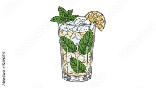 A refreshing Mojito cocktail in a tall glass, filled with ice cubes, fresh mint leaves, and a lime wedge, in a detailed sketch style.