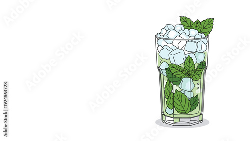 A stylized vector illustration of a tall, refreshing Mojito cocktail filled with ice and mint, with ample copy space on the left side.