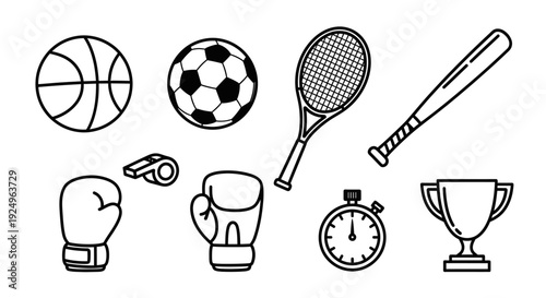 Collection of sport equipment icons on white background.