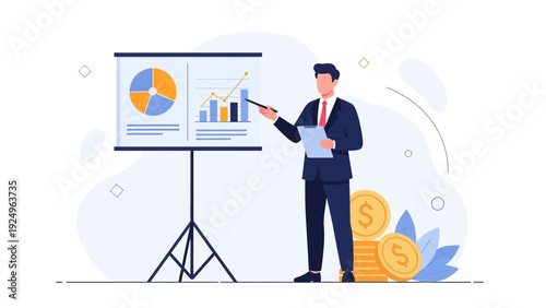 Businessman Presenting Financial Report with Charts and Coins