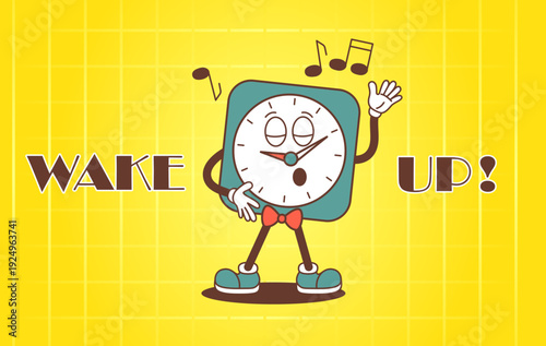 Morning poster with alarm clock. Groovy retro style watch, wake up concept. Time to work and study, back to school. New day start, vector banner