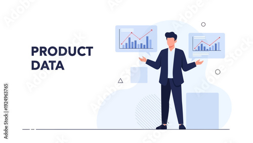 Businessman presenting product data analysis with charts and graphs