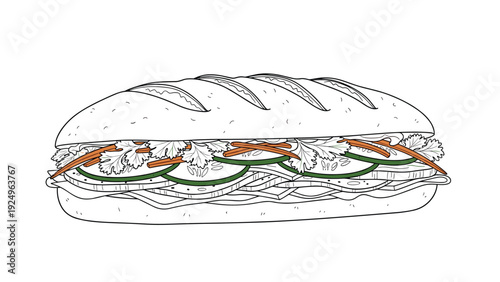 A detailed black and white line art illustration of a traditional Vietnamese Banh Mi sandwich, filled with various savory ingredients.