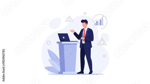 Businessman Presenting with Laptop on Stage, Business Presentation Concept