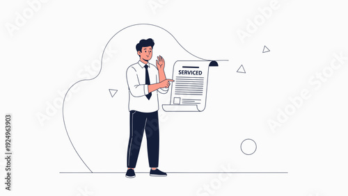 Businessman stopping a document that says "serviced"