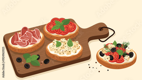 A delicious set of Italian bruschetta appetizers with various toppings like tomato, prosciutto, and feta cheese, served on a wooden board.
