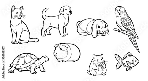 Collection of cartoon pets in black and white line art.