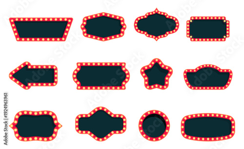 Retro bulb shine frames. Vintage lamps billboards, bulbs signs. Empty banners for cinema, theater, show programm, circus, entertainments, sapid vector clipart