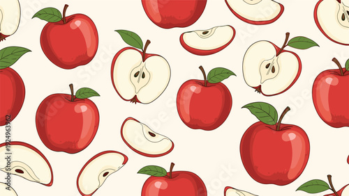 A vibrant seamless pattern of hand-drawn red apples, featuring whole fruits, halves, and slices on a warm, light-colored background.