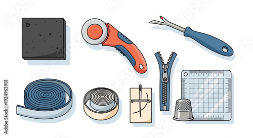 Illustration of various sewing and tailoring tools.